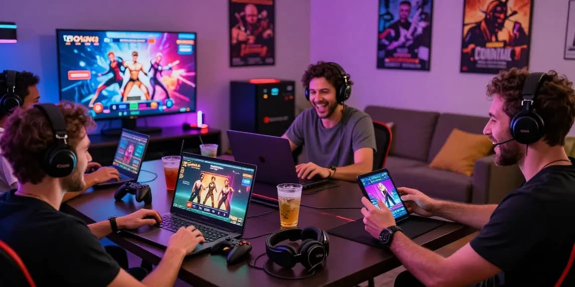 Adults enjoying engaging porn games in a vibrant gaming lounge with high-tech devices.