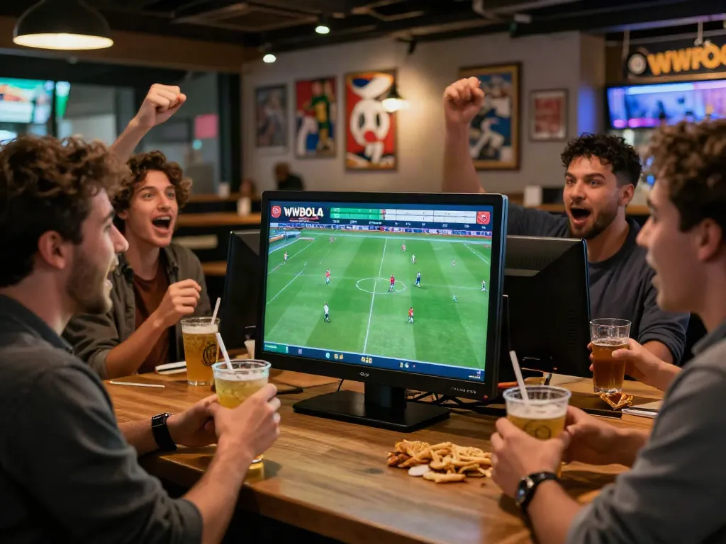 Group enjoying a sports event at WWBOLA with live odds displayed.
