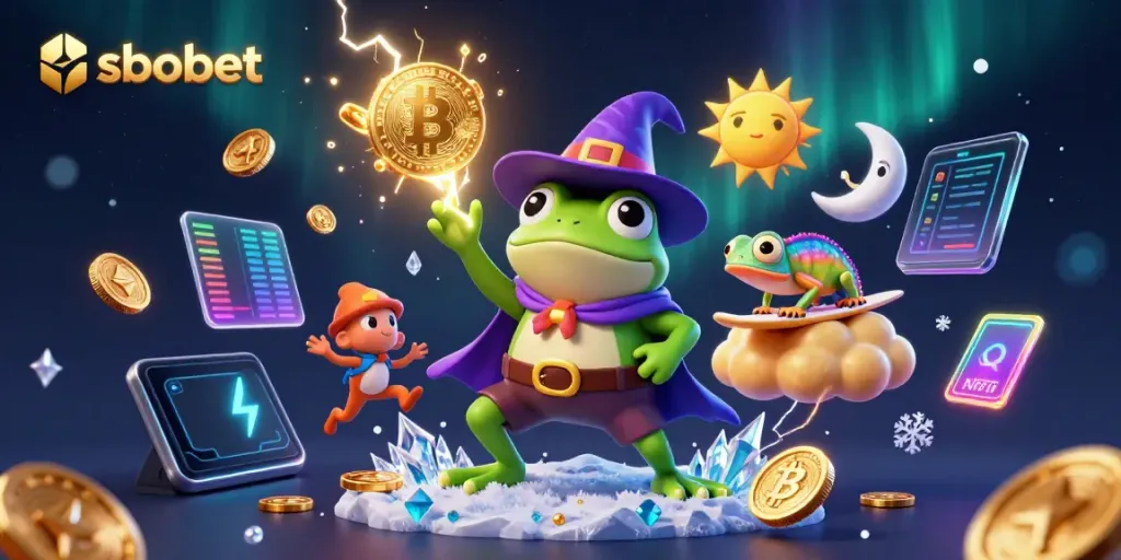 Experience the thrilling world of sbobet with a vibrant scene featuring a wizard frog and chameleon amid golden coins.