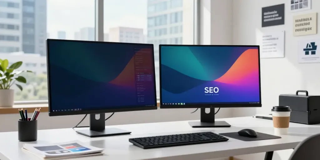 Engaging e-commerce link building workspace with digital marketer analyzing SEO data