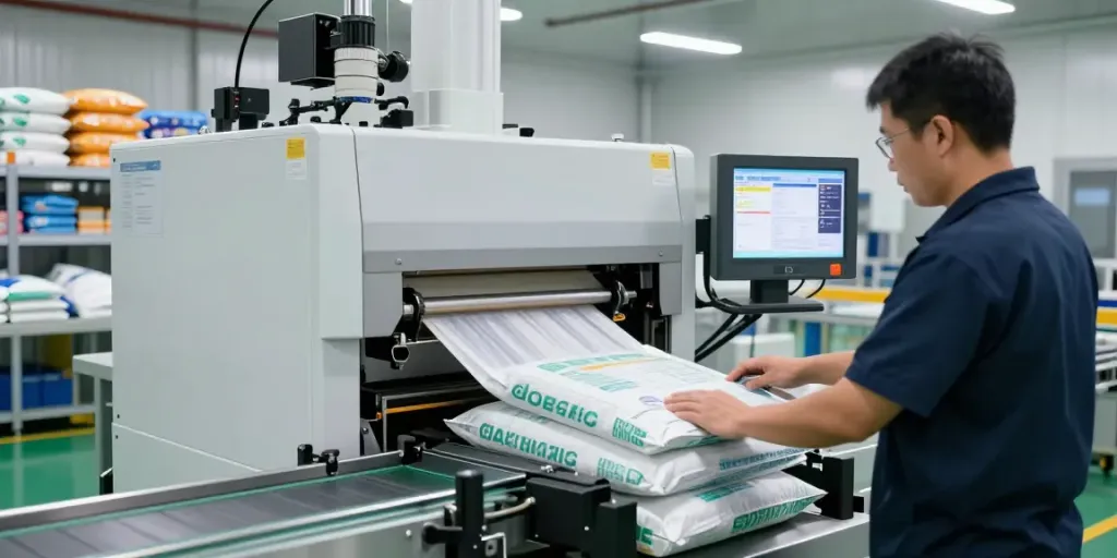 Open-mouth bagging machine in operation by professional packaging machinery supplier, showcasing productivity in an industrial setting.