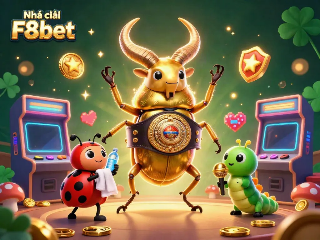 Enjoy the dynamic action of Nhà cái F8bet with a golden stag beetle boxing champion in a vibrant casino scene.