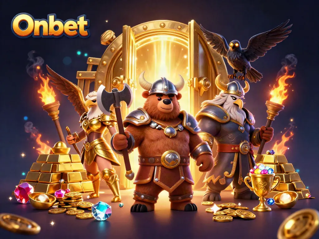 Engage in thrilling victory with Onbet's Viking adventure amidst gold treasures.