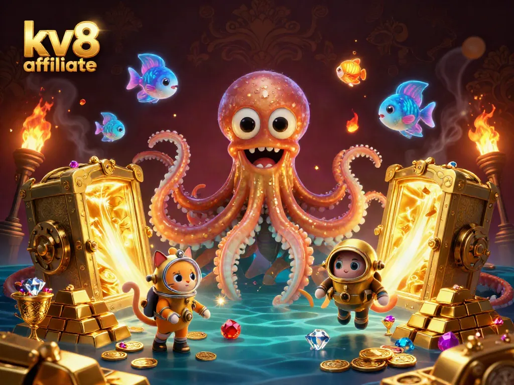 Experience kv8 affiliate with dynamic treasures and a captivating kraken scene.
