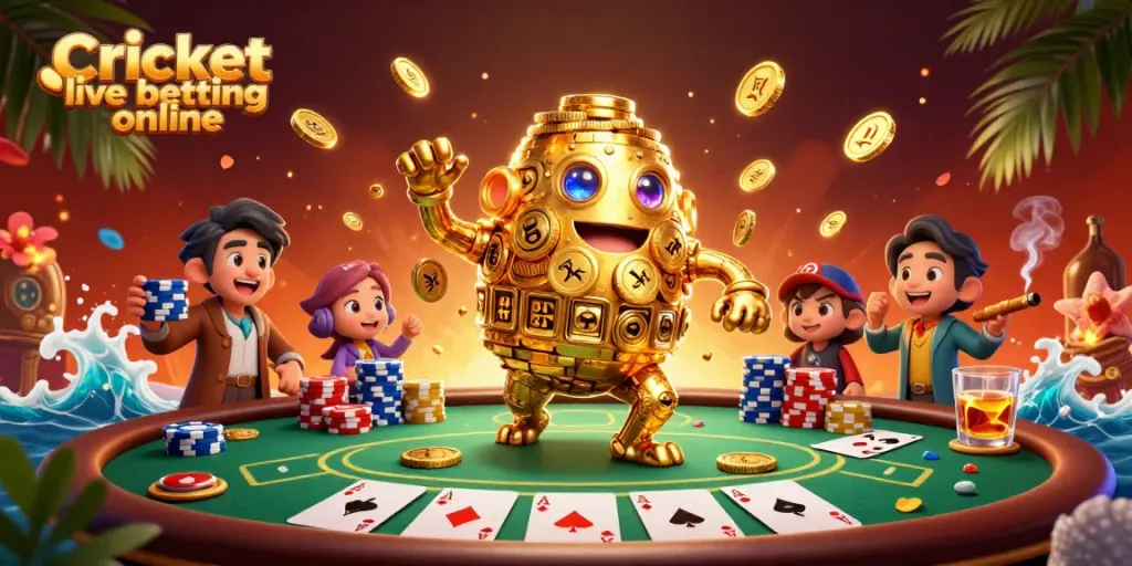 Exciting scene of cricket live betting online with a golden golem and vibrant poker elements highlighting casino action.
