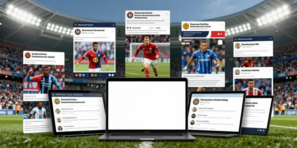 ข่าวตลาดซื้อขายนักเตะ illustrated with dynamic players and digital news overlays in vibrant stadium atmosphere.