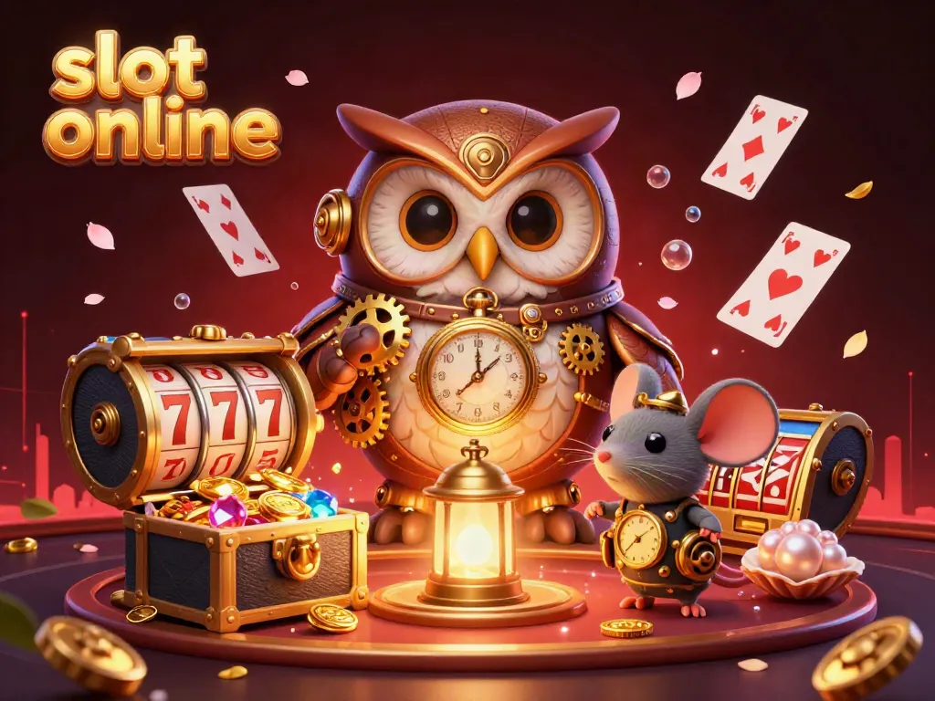 Engage with immersive slot online adventures featuring a steampunk owl and mouse in this vibrant illustrated scene.