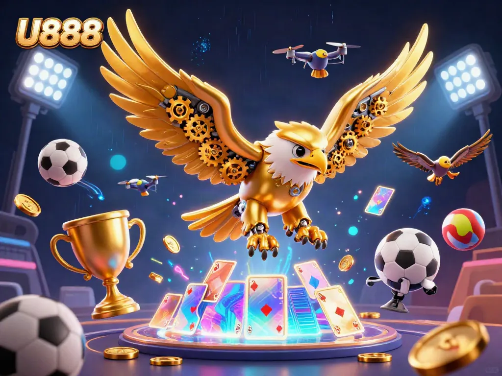 Experience the excitement of U888's golden eagle soaring through holographic cards and sports elements in a vivid casino scene.