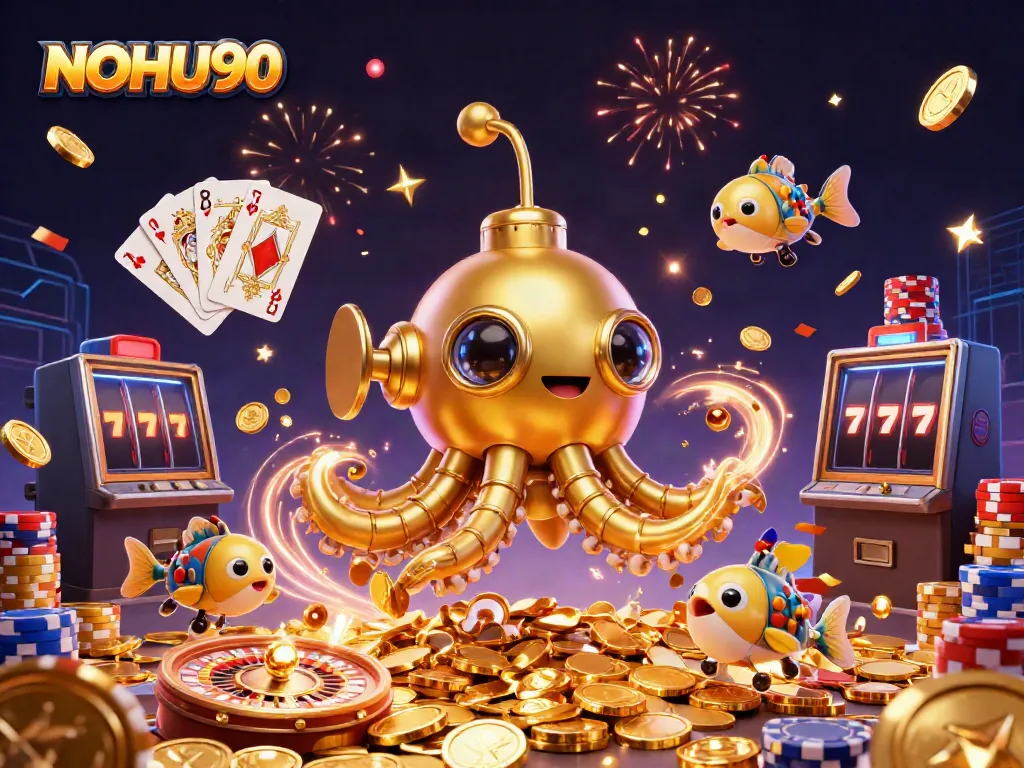 Experience epic wins with NOHU90 as the golden kraken submarine and mechanical fish celebrate in a treasure-filled casino