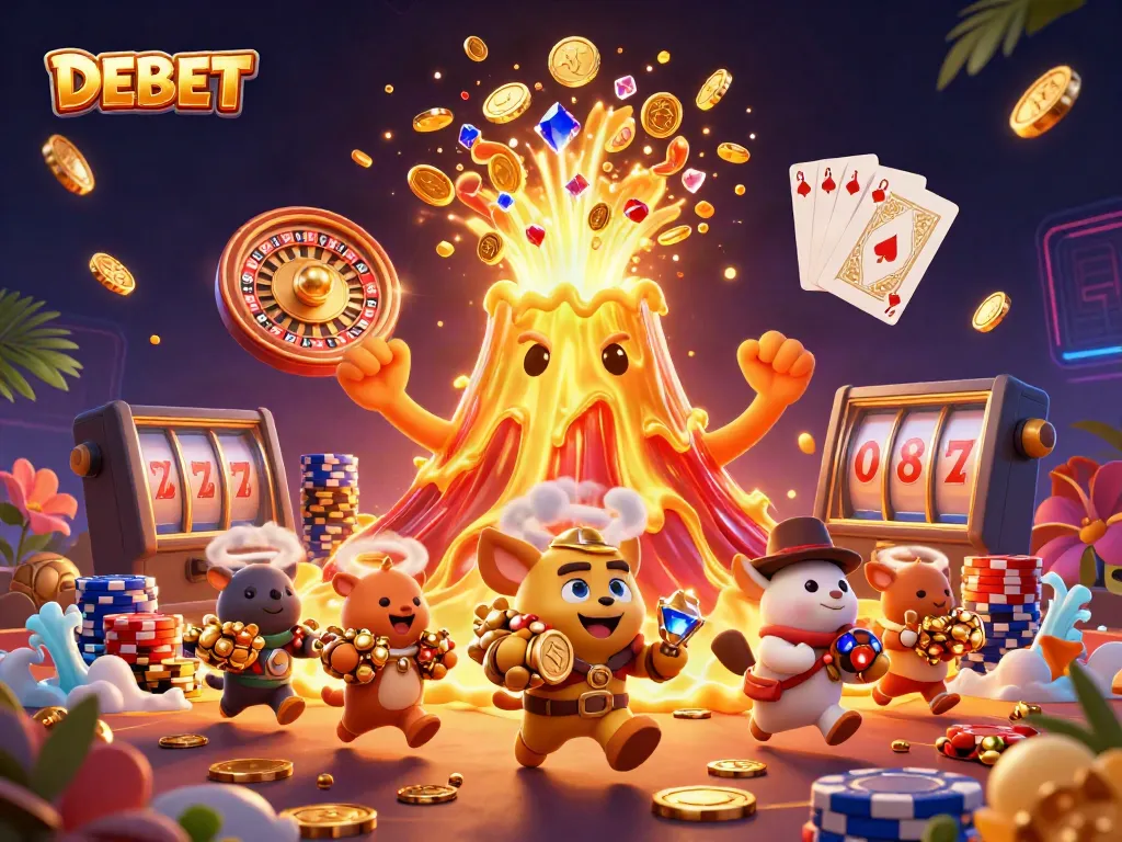 Watch the DEBET volcano erupt coins and treasure in a vibrant casino scene.