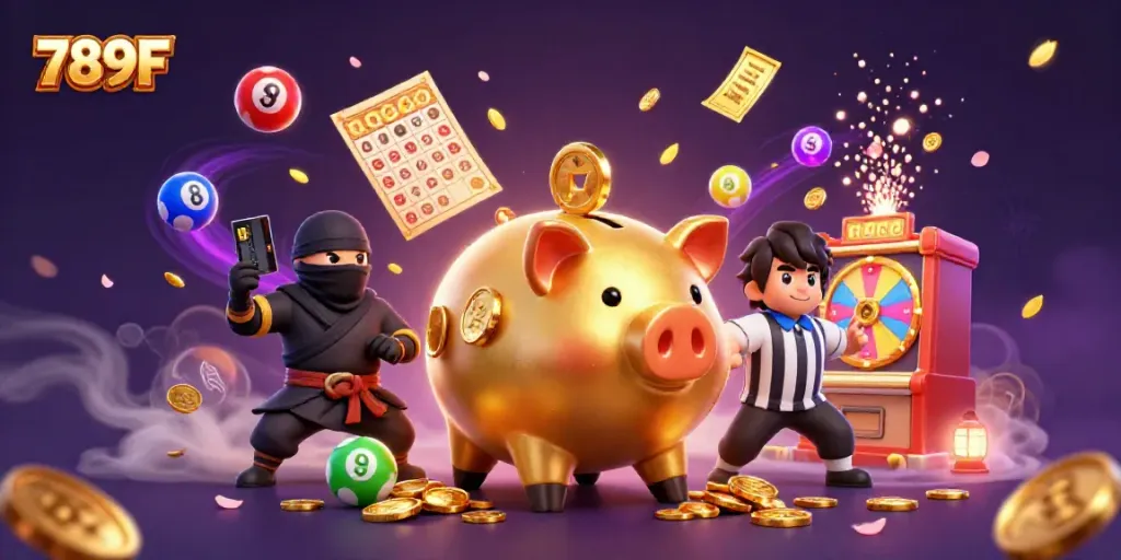 Engaging 789F casino scene with a dynamic golden piggy bank wrestler, colorful lottery elements, and rich details.