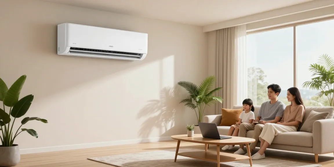Cozy living room with a mini split of air conditioner mounted on the wall, showing a family enjoying time together.