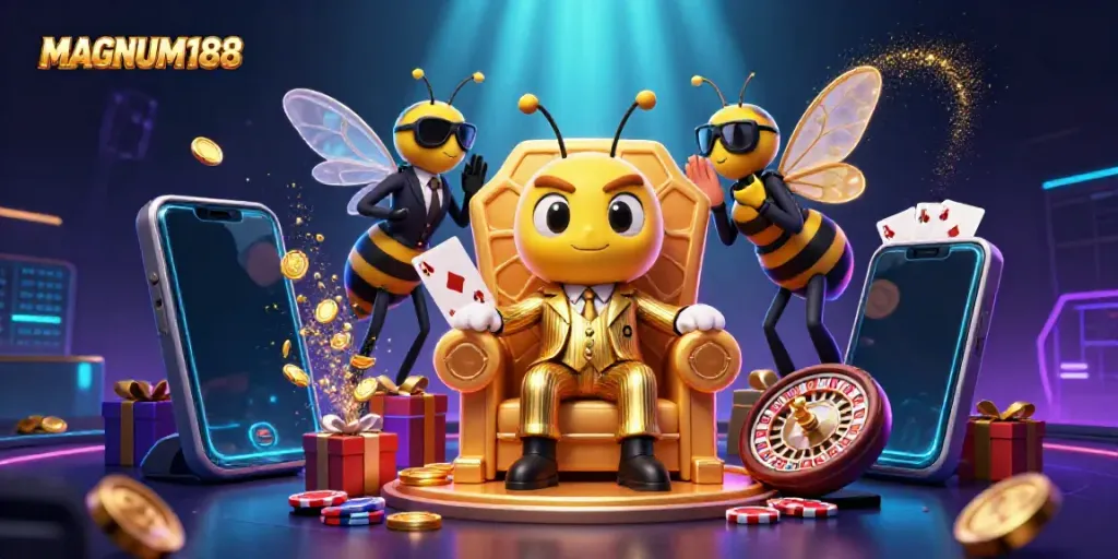 Experience exhilarating slot action with MAGNUM188 in this vibrant, animated casino scene.