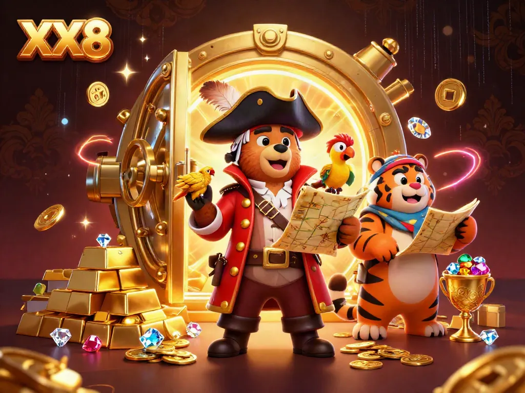 Experience thrills with XX8, featuring a pirate bear, tiger, and treasure in a vibrant casino scene.
