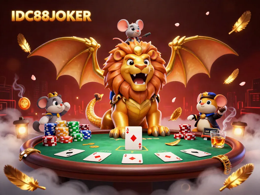 Experience the thrilling action of IDC88JOKER with a unique chimera and poker scene.