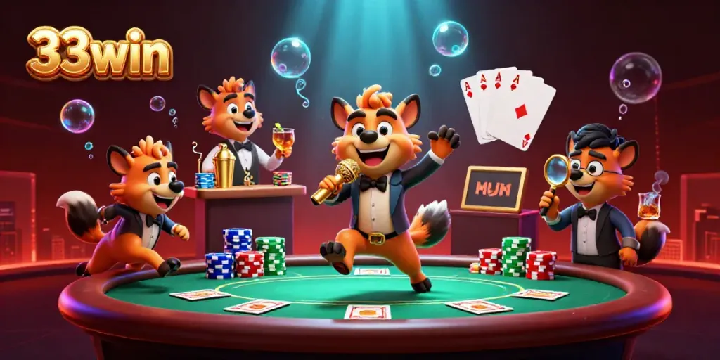 Enjoy a lively scene with hyenas at the 33win casino, mixing drinks and telling jokes.