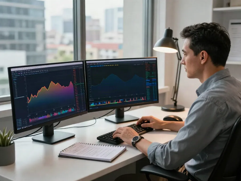 Trader analyzing stock and cryptocurrency data using TradingView on multiple monitors in a bright office.