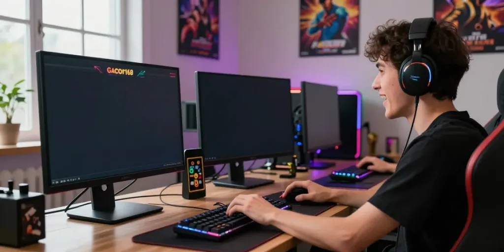 Gacor168 dalam suasana permainan slot online dengan gamer berfokus di depan layar komputer.