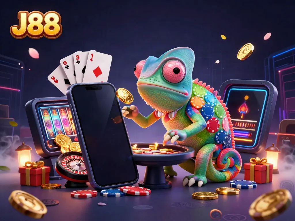 Engage in thrilling experiences at J88 casino with vibrant game elements and a lively chameleon mascot.