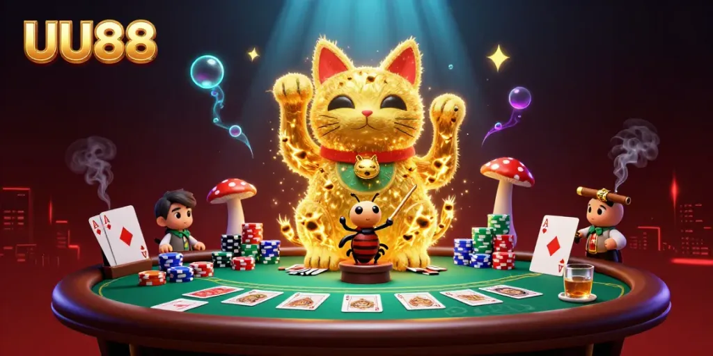 Engage in thrilling gameplay at UU88 featuring vibrant casino symbols and a lucky cat.
