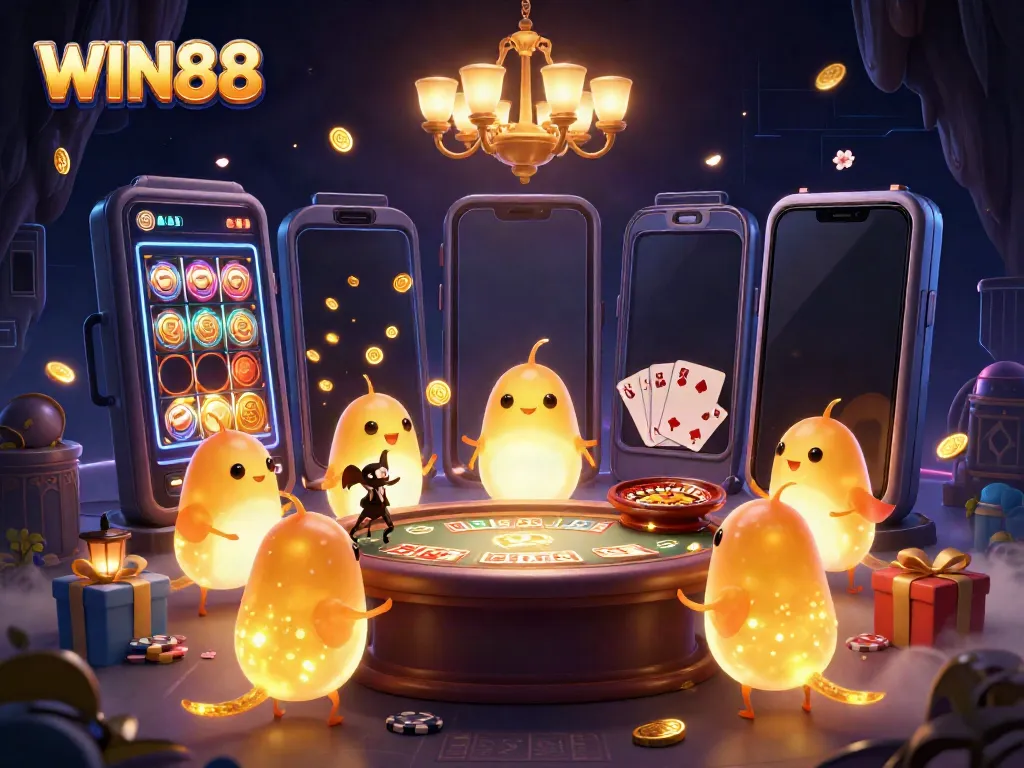 Experience the excitement at WIN88 Casino with a vibrant 3D illustration featuring glowworms and games.