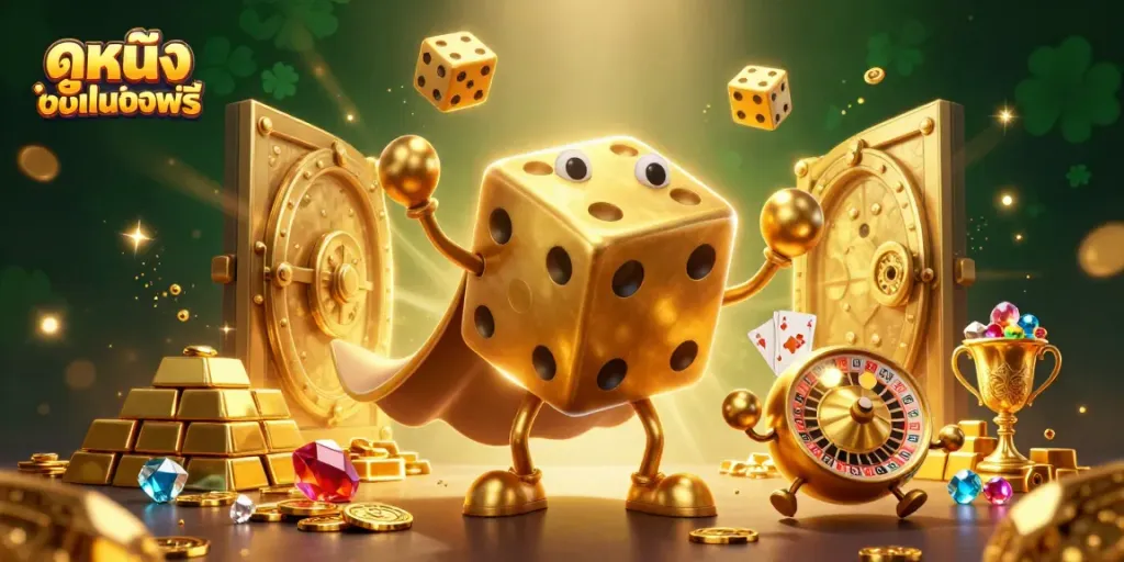 Engage with ดูหนังออนไลน์ฟรี through vibrant gambling-themed 3D art featuring golden dice and treasures.