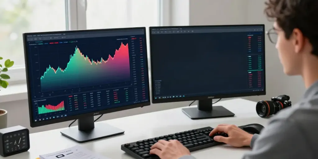 Engaged trader analyzing financial charts on MetaTrader 5 platform in a modern workspace.
