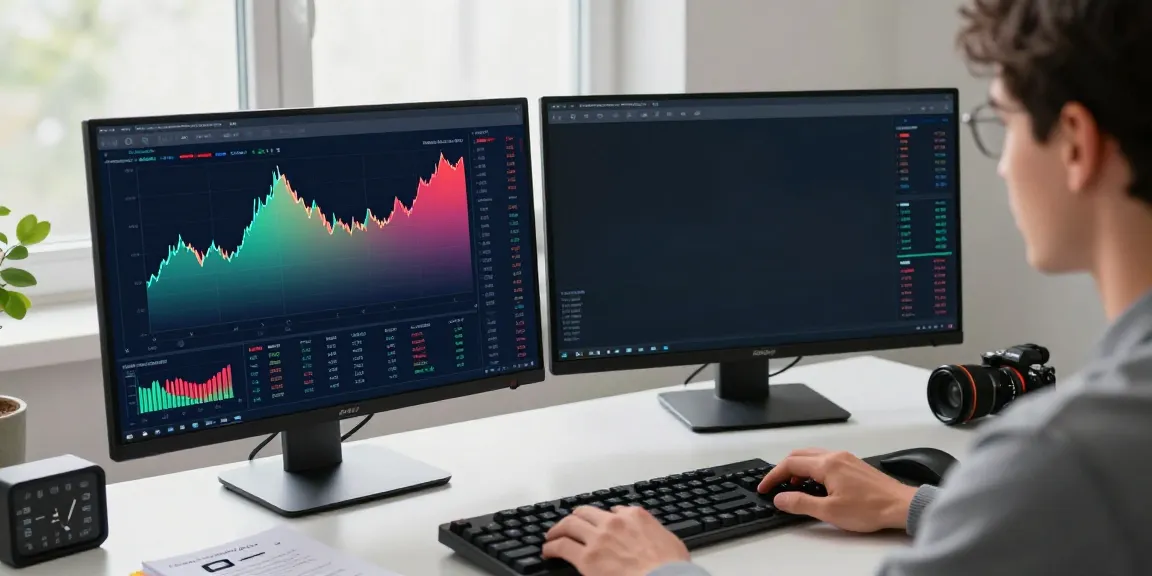 Engaged trader analyzing financial charts on MetaTrader 5 platform in a modern workspace.