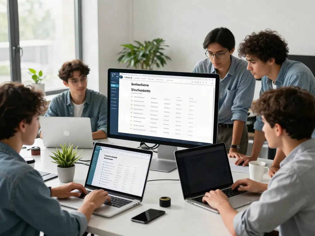 Dynamic digital workspace highlighting 사이트모음 with professionals collaborating over website address compilation.