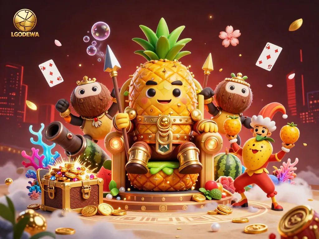 Engage with thrilling LGODEWA gameplay hosted by a golden pineapple king on a vibrant beach casino scene.