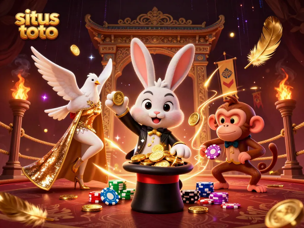 Experience the magic of situs toto with a rabbit, dove, and monkey in a vibrant casino scene.