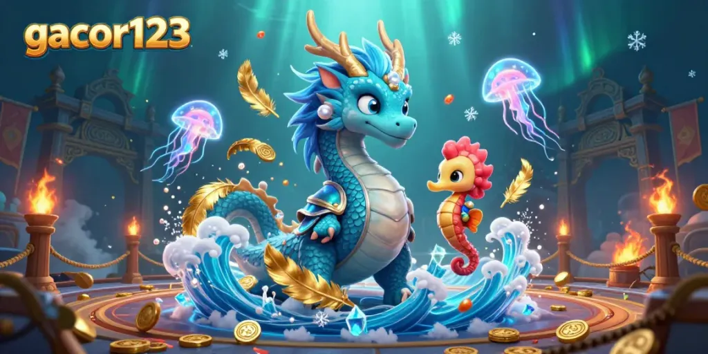 Experience interactive gaming with gacor123, featuring a dragon, knight, and magical jellyfish.