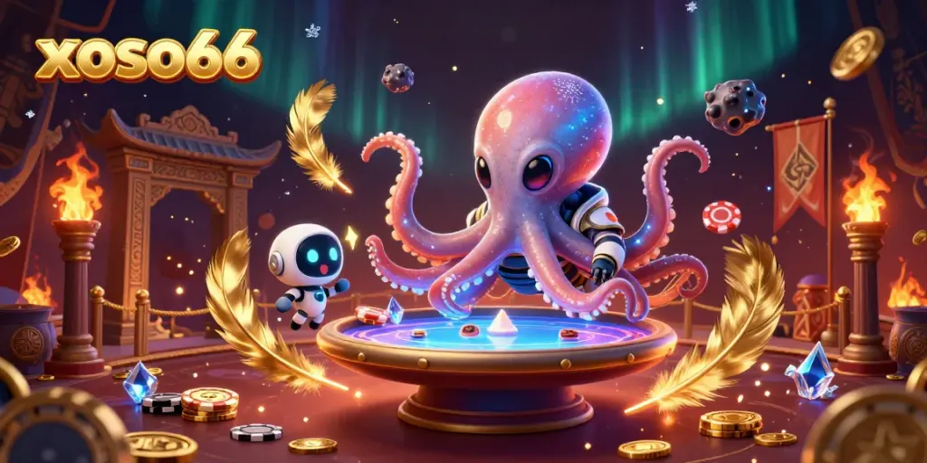 Join the exciting world of xoso66 with a vibrant alien octopus at a holographic poker table!