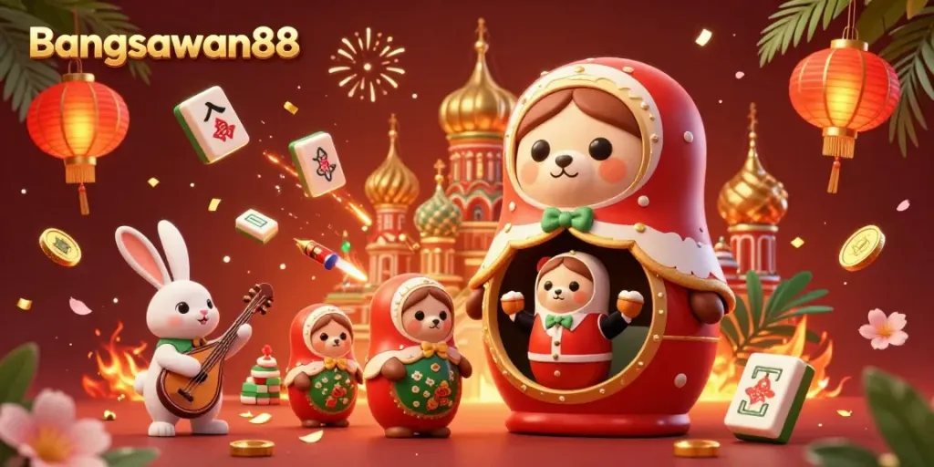Bangsawan88 showcase vibrant online gaming excitement with captivating casino visuals, colorful bear characters.