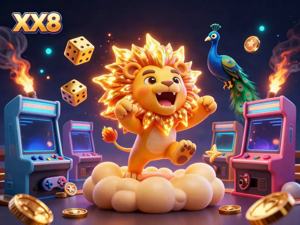 Engage with the exciting XX8 gaming universe featuring a lion mascot roaring triumphantly amid vibrant illuminated casino elements.