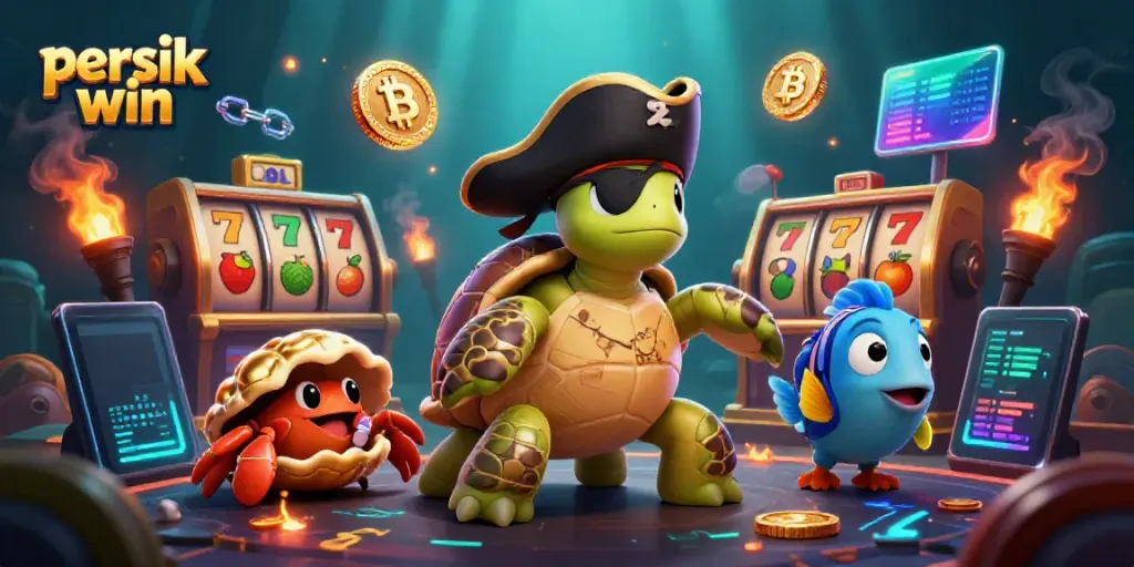 Menangkan permainan dengan persik win dalam suasana kasino yang ramai dan berwarna-warni dengan simbol slot dan koin kripto.