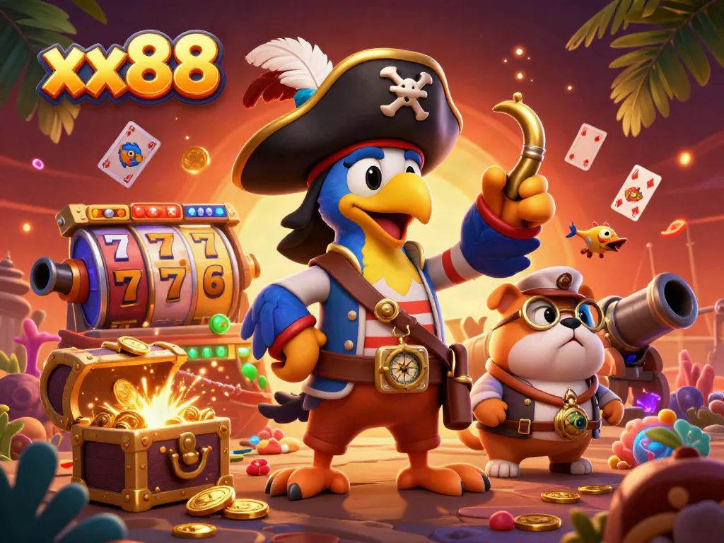 Play slots and win big with xx88 in a vibrant pirate-themed casino illustration.