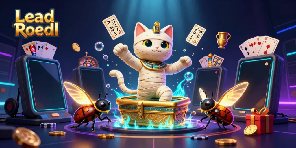 Lead Roedl showcases a dynamic 3D illustration of a mummy cat and scarab in a casino theme.