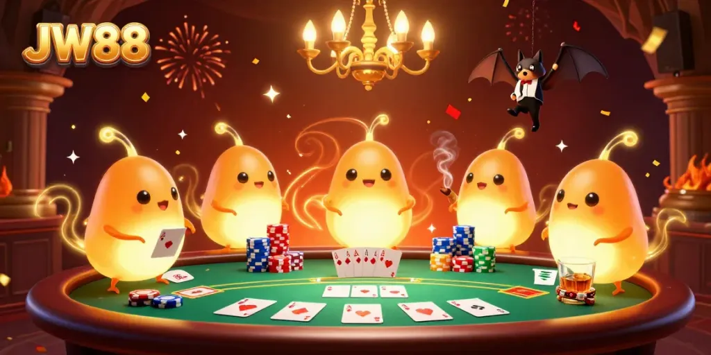 Experience vibrant gaming at JW88 with glowworms lighting a lively cave casino.