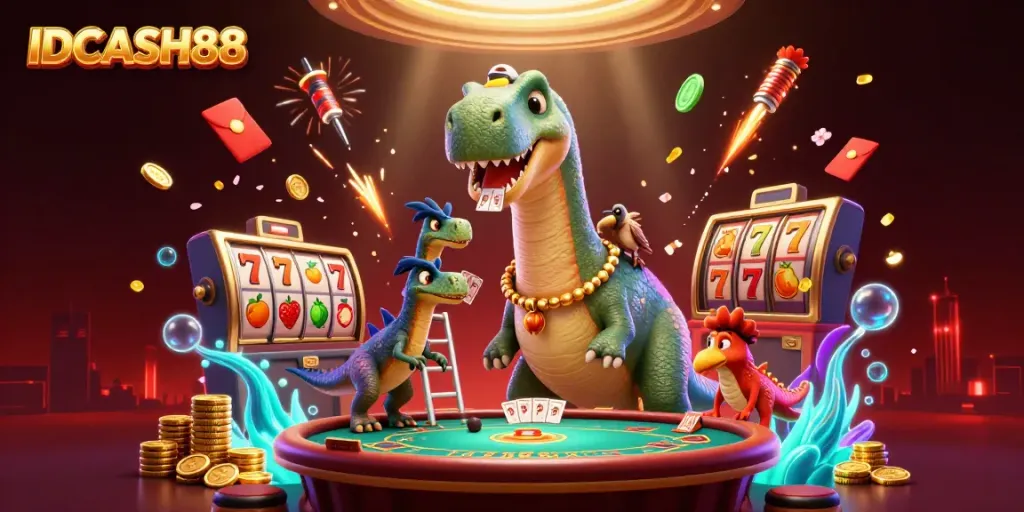 Experience fun and excitement with IDCASH88 in this lively casino scene featuring enormous characters and vibrant game elements.