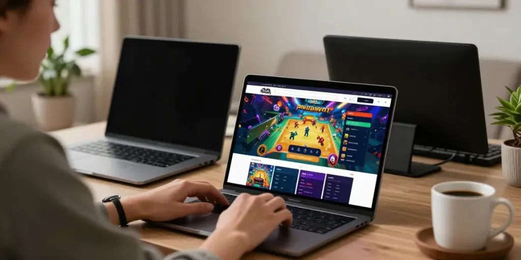 Engaged user exploring features of https://totobet.net/ on a laptop in a cozy setting.