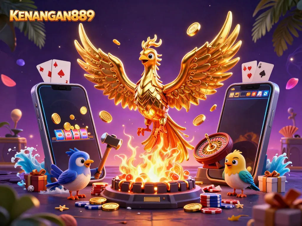 Engage in thrilling gameplay with KENANGAN889, featuring a golden phoenix and dynamic casino elements.