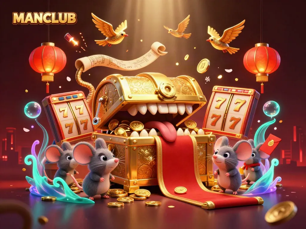 Engage with MANCLUB's thrilling slot experience featuring vibrant characters, golden treasures, and rich gaming elements.