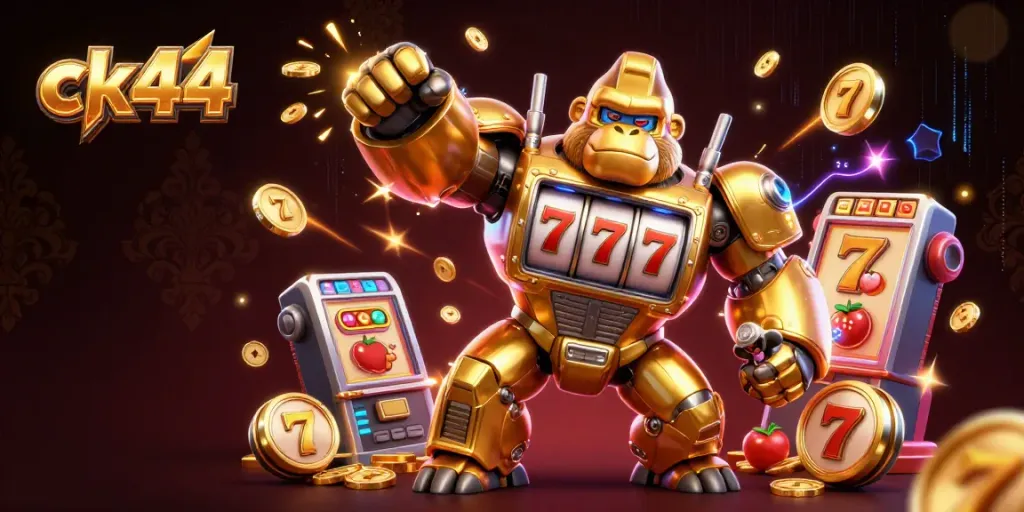 Engage and win on ck44 with a dynamic casino-themed illustration of a gorilla mech.