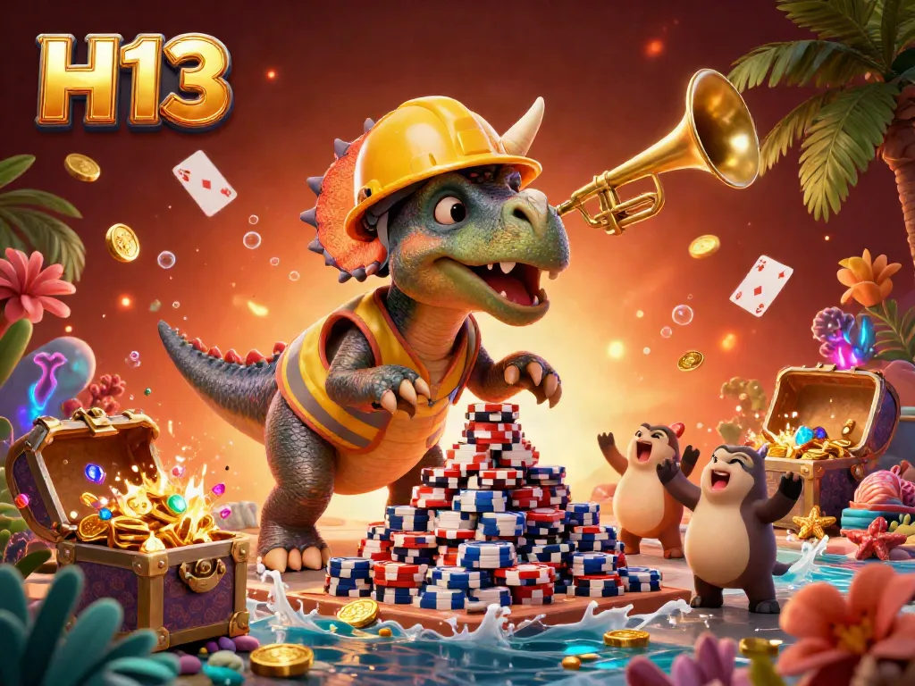 Experience the vibrant H13 casino world with a triceratops building poker chips amidst gold and gems in a lively scene.