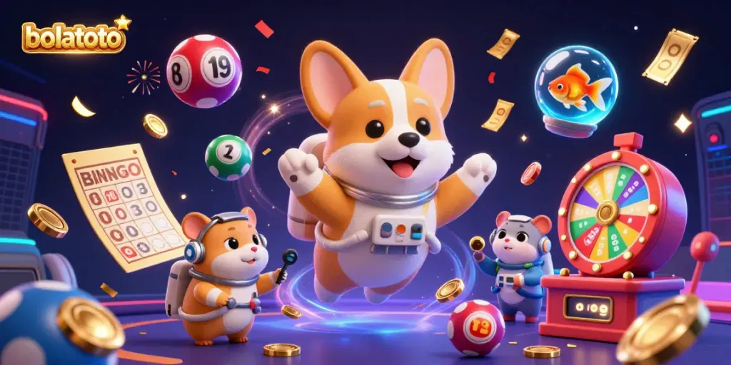 BOLATOTO with a 3D astronaut corgi in zero gravity at a space casino, showcasing vibrant lottery elements and game excitement.