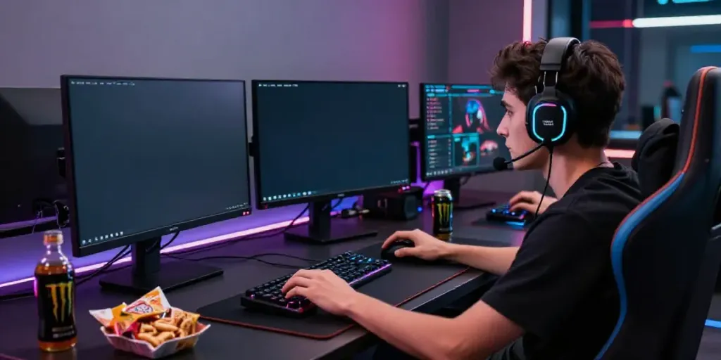 PESGSLOT gaming environment showcasing player engaged with multiple screens and vibrant RGB lighting.