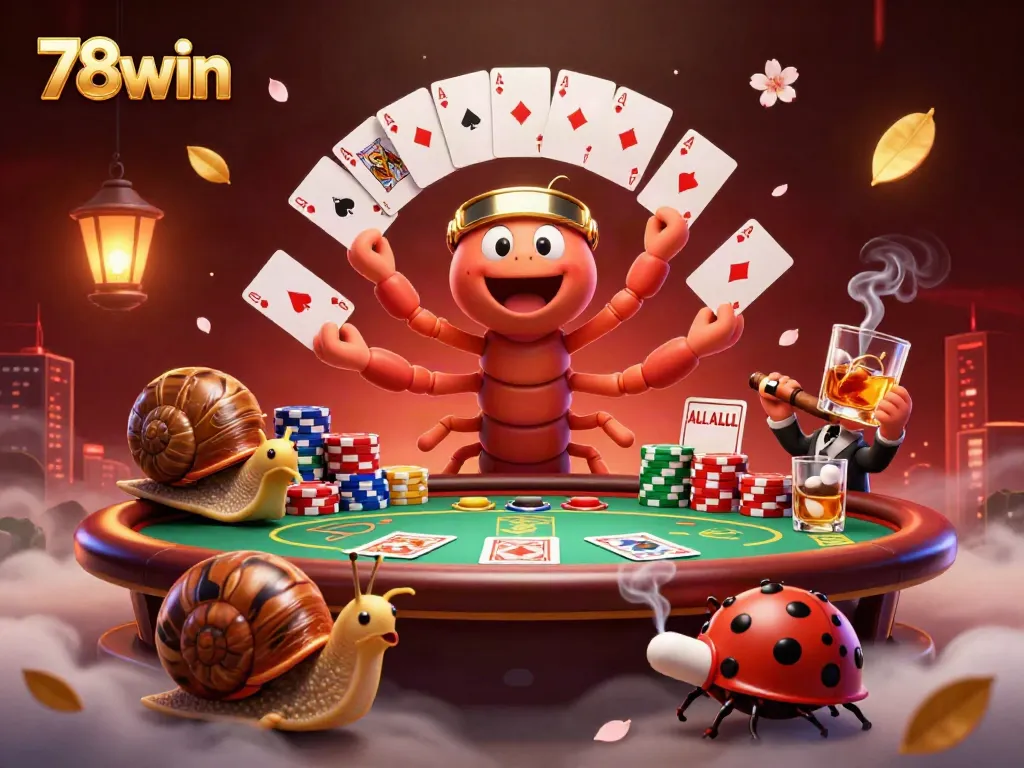 Experience the excitement with 78win as a whimsical dealer showcases unique playing cards in a vibrant casino scene.