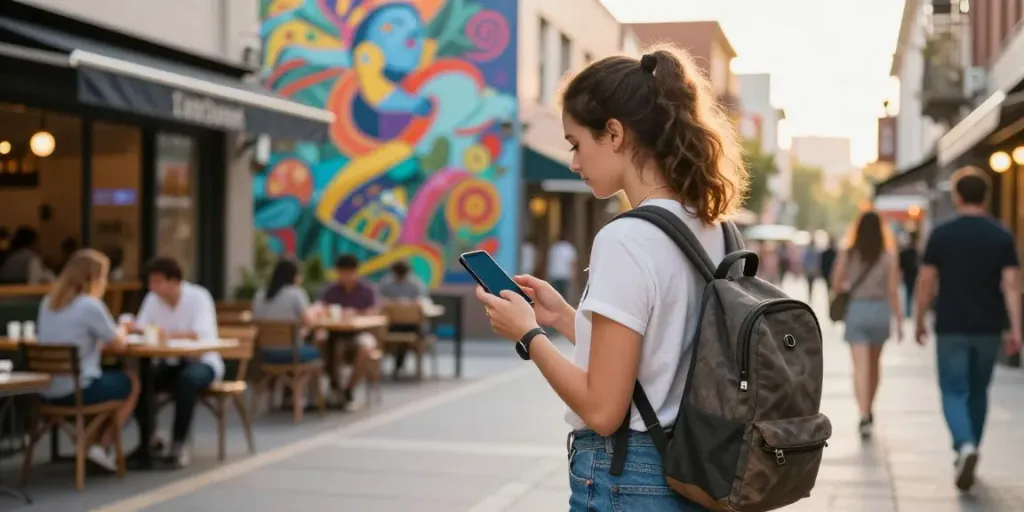 Traveler using her smartphone to navigate attractions in the city, embodying the spirit of go here.