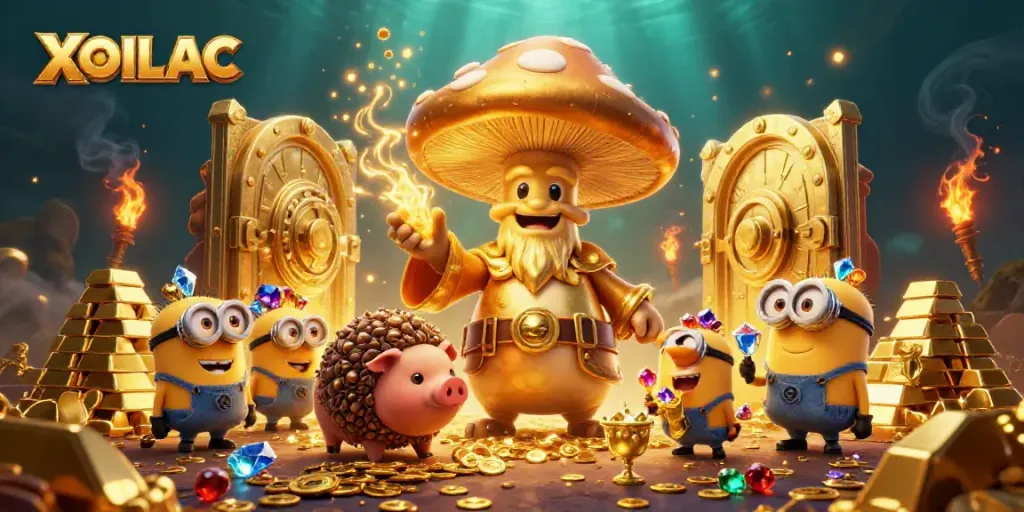 Experience the magic of XOILAC as playful mushrooms surround a treasure vault amidst glimmering jewels.